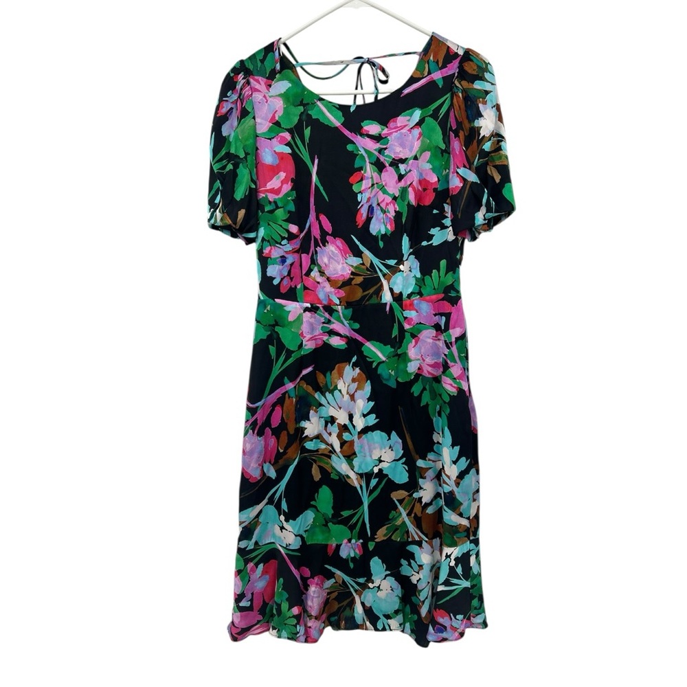 New Milly Liora neon floral silk satin dress short sleeve midi dress
